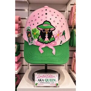 AKA Trucker Cap Pink & Green design with Ladies, Flowers & Rhinestone‎
